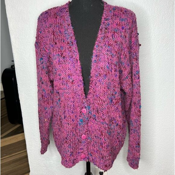 Lucia 80’s Style Purple Speckled Button Up Shoulder Pad Wool Blend Cardigan Sz M - Picture 2 of 10